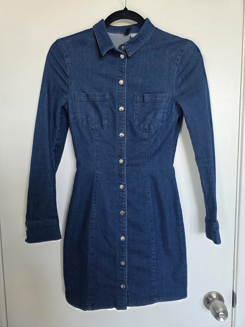 H&M Dark Blue Denim Button-Front Long Sleeve Dress